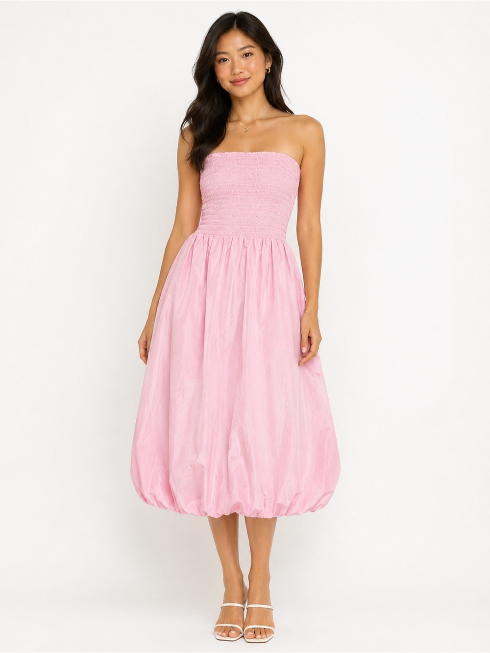 PRETTYGARDEN Pink Smocked Strapless Midi Dress Size Medium